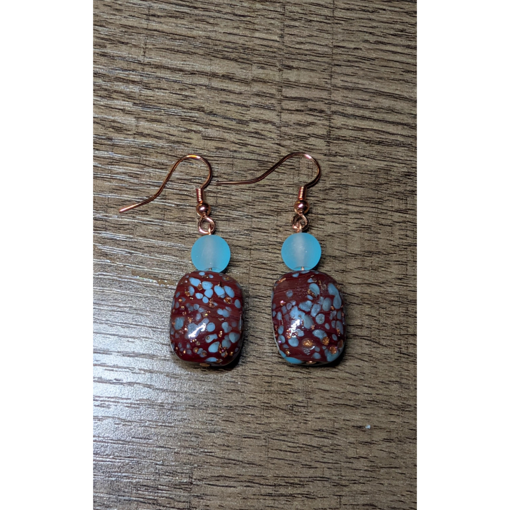 Blue & Brown Glass Dangle Earrings with Rose Gold Hooks Handmade Speckled Bead - Picture 2 of 8